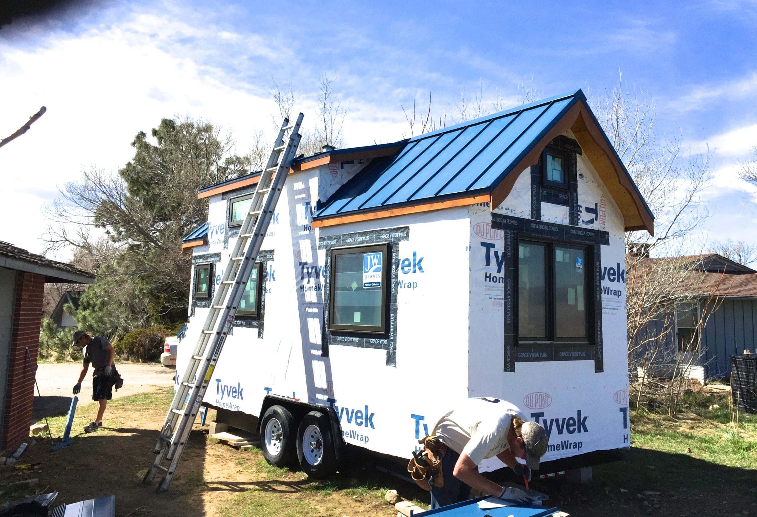 New built tiny home metal roofing